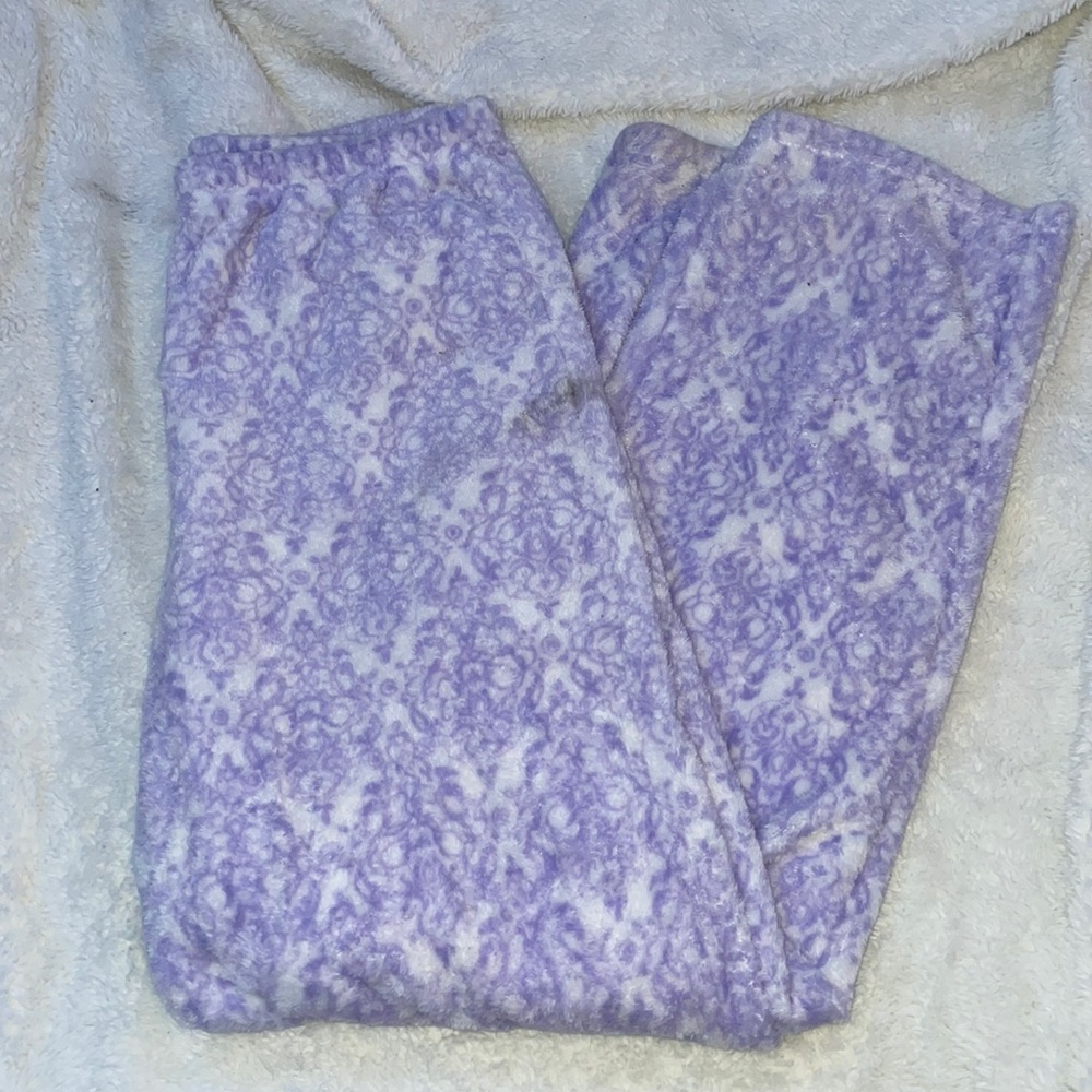 fluffy purple and white floral pajama pants